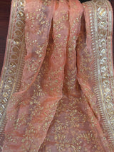 Peach soft organza silk dupatta with gold zari embroidery & sequins — Kaash Collection