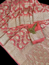 Peach Color Pure Khaddi Georgette Banarasi Silk Saree with Muted Gold Weave | SILK MARK CERTIFIED - Kaash