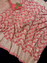 Peach Color Pure Khaddi Georgette Banarasi Silk Saree with Muted Gold Weave | SILK MARK CERTIFIED - Kaash