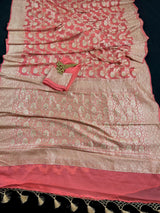 Peach Color Pure Khaddi Georgette Banarasi Silk Saree with Muted Gold Weave | SILK MARK CERTIFIED - Kaash