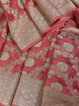 Peach Color Pure Khaddi Georgette Banarasi Silk Saree with Muted Gold Weave | SILK MARK CERTIFIED - Kaash