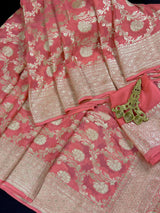 Peach Color Pure Khaddi Georgette Banarasi Silk Saree with Muted Gold Weave | SILK MARK CERTIFIED - Kaash