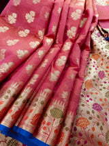 Peach Color Semi Silk Saree with Floral Buttas and Meenakari Weaving with Temple Borders - Kaash