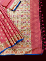 Peach Color Semi Silk Saree with Floral Buttas and Meenakari Weaving with Temple Borders - Kaash
