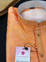 Peach men's kurta pajama in soft silk (non-pure) with self-design with small zari weave buttis — Kaash Collection