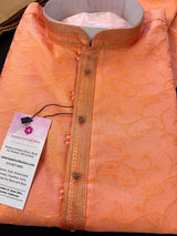 Peach men's kurta pajama in soft silk (non-pure) with self-design with small zari weave buttis — Kaash Collection