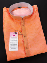 Peach men's kurta pajama in soft silk (non-pure) with self-design with small zari weave buttis — Kaash Collection