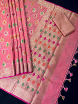 Peach Pink with Brocade Blouse Banarasi saree in banarasi semi silk with floral buttas with meenakari — Kaash Collection