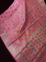 Peach Pink with Brocade Blouse Banarasi saree in banarasi semi silk with floral buttas with meenakari — Kaash Collection