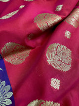 Peach Pink with Blue Banarasi saree in banarasi silk with traditional buttas with 7.5" border — Kaash Collection