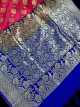 Peach Pink with Blue Banarasi saree in banarasi silk with traditional buttas with 7.5" border — Kaash Collection