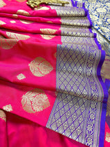 Peach Pink with Blue Traditional Banarasi Handloom Saree | Floral Design | Soft Silk Saree | Banarasi Silk Saree - Kaash