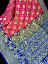 Peach Pink with Blue Traditional Banarasi Handloom Saree | Floral Design | Soft Silk Saree | Banarasi Silk Saree - Kaash