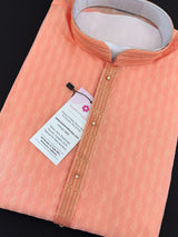 Peach Raw Silk Kurta Pajama for Men with Self Design material with Self Weave Pattern | Mens Ethnic Wear | Wedding Wear Kurta for Men - Kaash