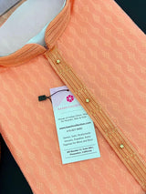 Peach Raw Silk Kurta Pajama for Men with Self Design material with Self Weave Pattern | Mens Ethnic Wear | Wedding Wear Kurta for Men - Kaash