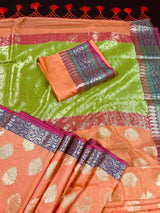 Peach with Multi-Color Borders Banarasi saree in soft cotton silk with buttas with banarasi borders & green pallu — Kaash Collection