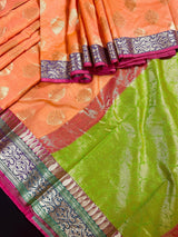 Peach with Multi-Color Borders Banarasi saree in soft cotton silk with buttas with banarasi borders & green pallu — Kaash Collection