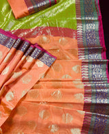 Peach with Multi-Color Borders Banarasi saree in soft cotton silk with buttas with banarasi borders & green pallu — Kaash Collection
