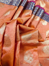 Peach with Multi-Color Borders Banarasi saree in soft cotton silk with buttas with banarasi borders & green pallu — Kaash Collection