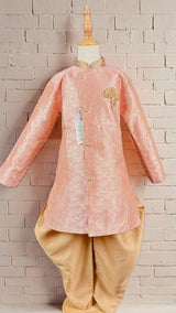 Peachy Pink Boys 2pcs Jacket-Style 2-piece (no inner included) kurta pajama set for boys with long jacket-style with floral patterns — Kaash Collection