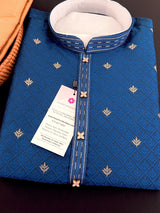 Peacock Blue men's kurta pajama in soft silk (non-pure) with small zari butti weaving with self-design — Kaash Collection