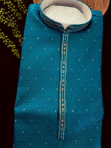Peacock Blue men's kurta pajama in soft silk with peacock green undertone embroidery with buttis — Kaash Collection