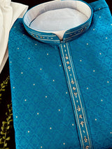 Peacock Blue men's kurta pajama in soft silk with peacock green undertone embroidery with buttis — Kaash Collection