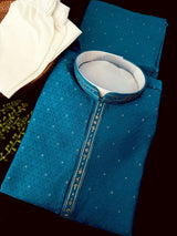 Peacock Blue men's kurta pajama in soft silk with peacock green undertone embroidery with buttis — Kaash Collection