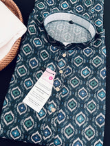 Peacock Blue Soft Men Kurta with Ikkat Digital Prints | Soft Silk Kurta for Men | Men Ethnic Wear | Ethnic Men Wear in USA - Kaash