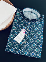 Peacock Blue Soft Men Kurta with Ikkat Digital Prints | Soft Silk Kurta for Men | Men Ethnic Wear | Ethnic Men Wear in USA - Kaash