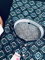 Peacock Blue Soft Men Kurta with Ikkat Digital Prints | Soft Silk Kurta for Men | Men Ethnic Wear | Ethnic Men Wear in USA - Kaash