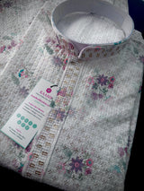 Pearl White men's kurta pajama in premium silk blend with digital prints, fine embroidery & subtle sequin — Kaash Collection