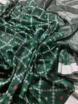 Pine Green Bengal Linen Patola saree in bengal linen with patola design with silver zari borders — Kaash Collection
