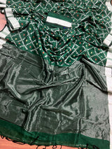 Pine Green Color Bengal Linen Handwoven Saree with Patola Patten with Sliver Zari Weave - Kaash