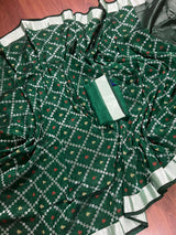 Pine Green Color Bengal Linen Handwoven Saree with Patola Patten with Sliver Zari Weave - Kaash