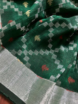 Pine Green Color Bengal Linen Handwoven Saree with Patola Patten with Sliver Zari Weave - Kaash