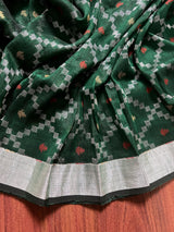Pine Green Color Bengal Linen Handwoven Saree with Patola Patten with Sliver Zari Weave - Kaash