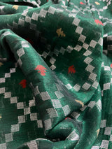 Pine Green Color Bengal Linen Handwoven Saree with Patola Patten with Sliver Zari Weave - Kaash