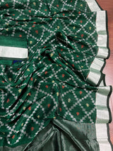 Pine Green Color Bengal Linen Handwoven Saree with Patola Patten with Sliver Zari Weave - Kaash