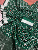 Pine Green Color Bengal Linen Handwoven Saree with Patola Patten with Sliver Zari Weave - Kaash