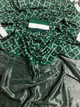 Pine Green Color Bengal Linen Handwoven Saree with Patola Patten with Sliver Zari Weave - Kaash