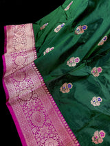 Pine Green with Hot Pink Banarasi saree in pure katan with kadhua weave with meenakari flower butta — Kaash Collection