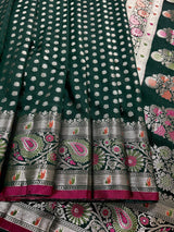 Pine Green Traditional Banarasi Handloom Saree in Soft Satin Silk with Meenakari and Sliver Zari Weave - Kaash