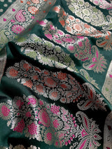 Pine Green Traditional Banarasi Handloom Saree in Soft Satin Silk with Meenakari and Sliver Zari Weave - Kaash