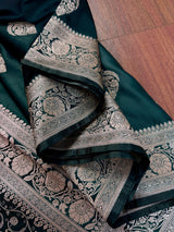 Pine GreenBanarasi Mashru Silk Saree, Muted Gold Zari Weave, Small Border - Kaash