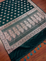 Pine GreenBanarasi Mashru Silk Saree, Muted Gold Zari Weave, Small Border - Kaash