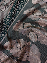 Pine GreenBanarasi Mashru Silk Saree, Muted Gold Zari Weave, Small Border - Kaash