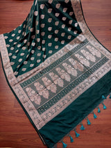 Pine GreenBanarasi Mashru Silk Saree, Muted Gold Zari Weave, Small Border - Kaash