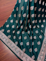 Pine GreenBanarasi Mashru Silk Saree, Muted Gold Zari Weave, Small Border - Kaash