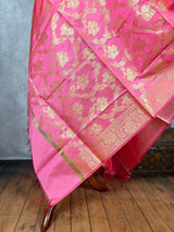 Pink Banarasi Floral Soft Silk dupatta in soft silk (non-pure) with floral jaal with muted gold zari — Kaash Collection